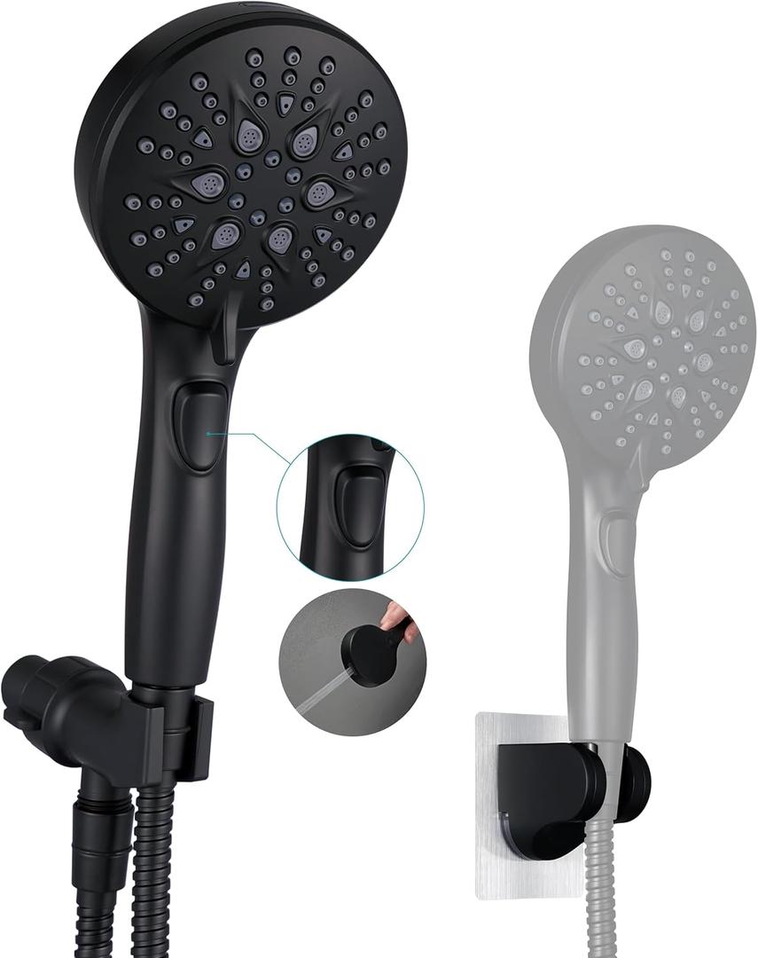 GwernKB Handheld Shower Head with on off Switch&Built-in Power Spray,7-Setting High Pressure Spray Shower Wand with 79in Long Hose&Bracket and Extra Adhesive Shower Holder for Lower Mount,Black
