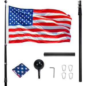 iElyiEsy Telescopic Flag Pole Kit Height Adjustable Heavy Duty Aluminum Flagpoles with Two 3x5 American Flags & Golden Ball Topper for Yard House Ground Residential Commercial, Silver (Black, 20 FT)