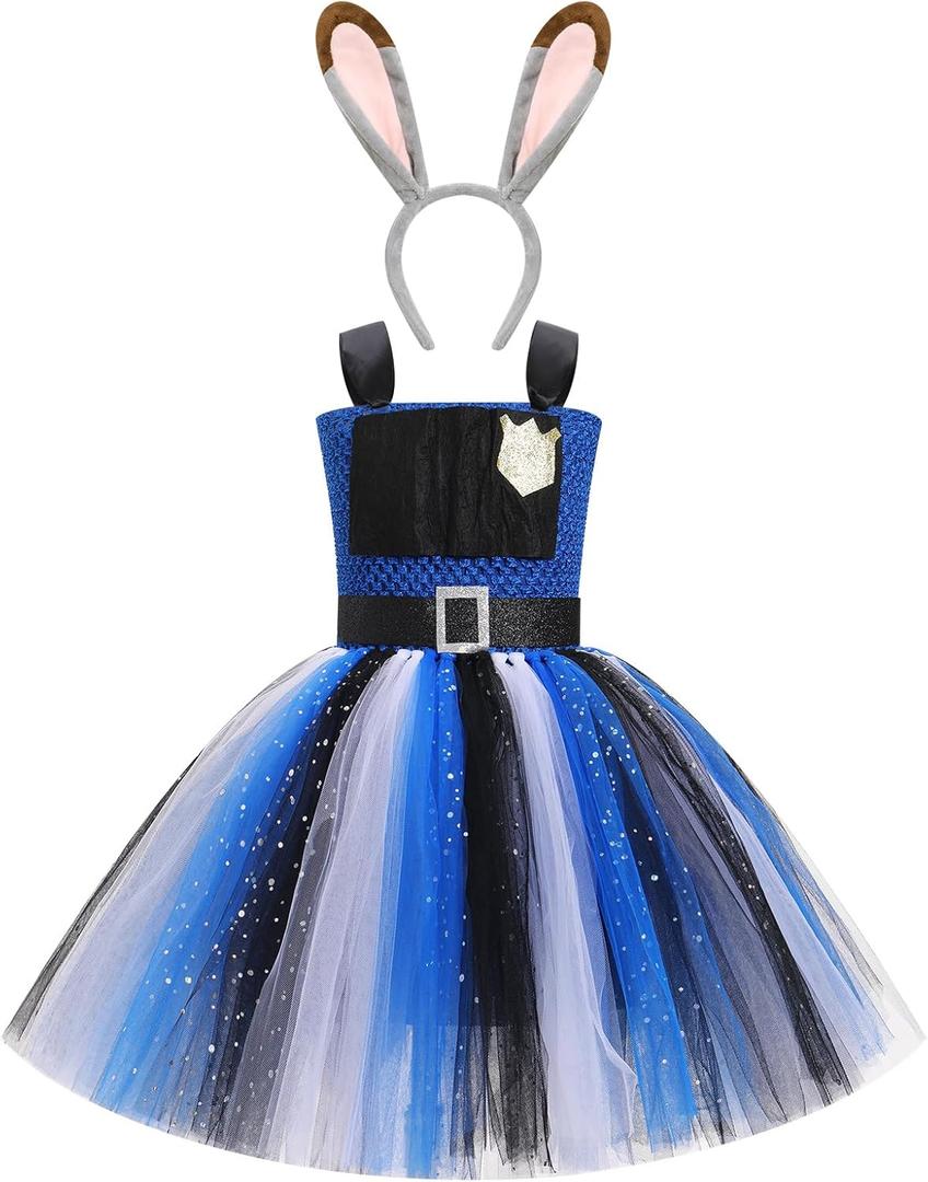 Girls Halloween Costume Rabbit Police Tutu Dress with Headband Police Officer Cosplay Costume Birthday Party Outfits (4-5 Years, Blue Black)