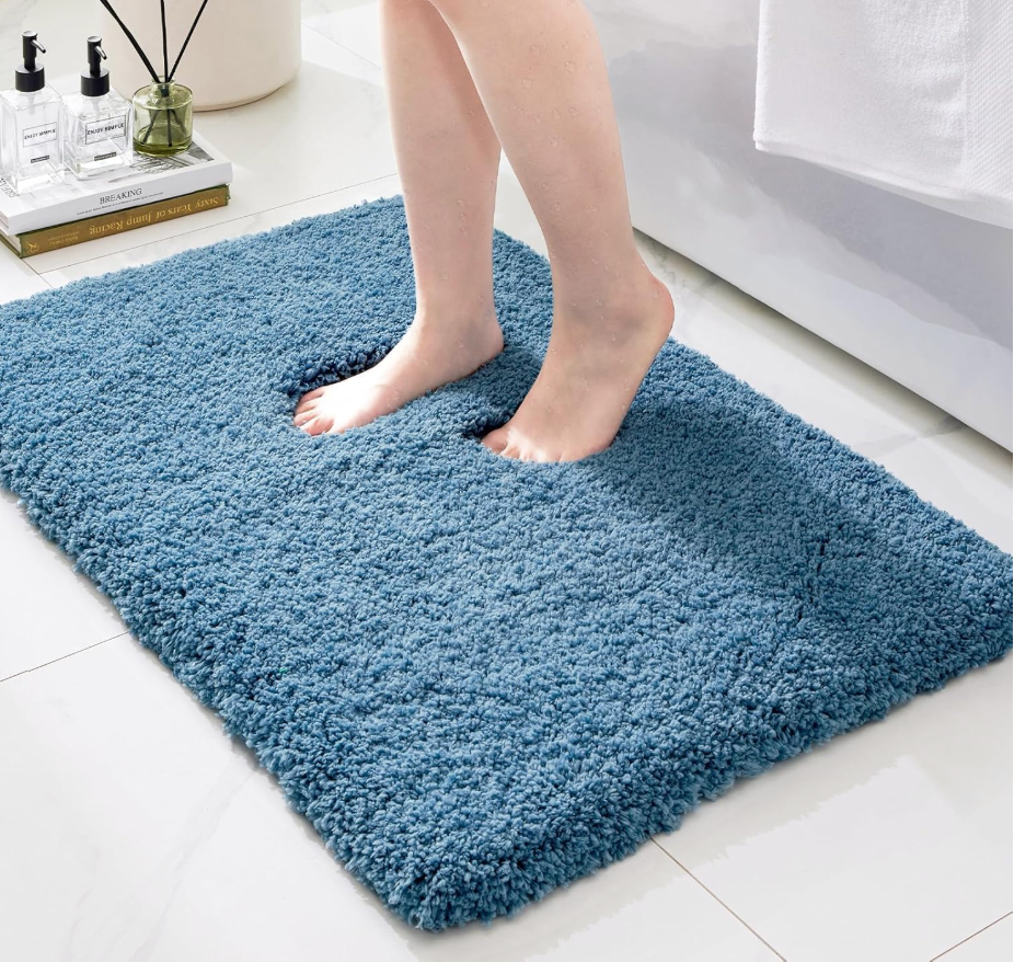 Bathroom Rugs Non Slip Washable, Ultra Thick Soft Microfiber Absorbent Bath Mats, High Density Foam Latex Non Slip Backing Bath Rugs, Fluffy Floor Carpet for Tub&Shower 24x17, Blue