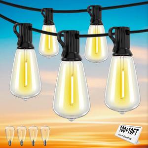 100+10FT LED Outdoor String Lights, Patio Deck Lights with 50+4 Shatterproof ST38 Edison Bulbs, Dimmable Warm White Waterproof Outside Hanging Lights Connectable for Backyard Porch Garden (100FT+10FT Cord (50 Bulbs))