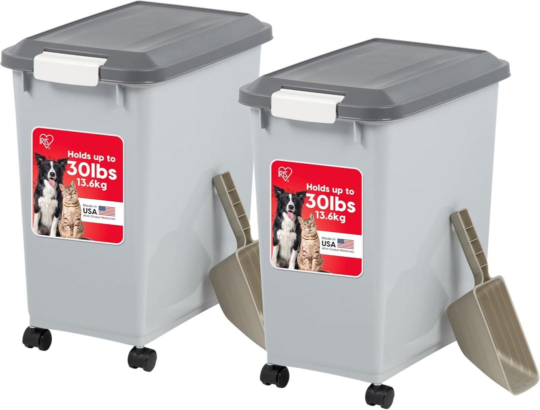 IRIS USA Dog Food Storage Container with Wheels, Airtight Lid, 2-Cup Scoop, Up to 30 Pounds Pet Food Storage, Built in Scoop Storage in Lid, Pet Food Bin, Portable, BPA Free, 1 Pack, Gray/Dark Gray