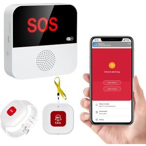 WiFi Pager, Caregiver Pagers Life Alert Systems for Seniors no Monthly Fee, 1 Receiver and 1 SOS Panic Button & 1 Watch Pager, Compatible with Tuya Smart/Smart Life APP