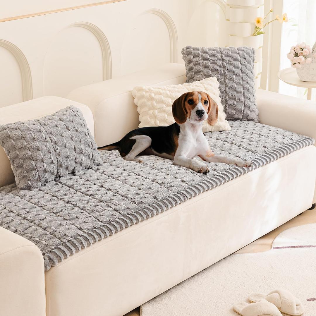 Tiwwie Couch Cover for Dogs Fuzzy Sofa Covers for Pet, Geometric Jacquard Coral Pet-Friendly Washable Non-Slip Sofas Slipcover Cushion Protector Pets Mat Dog Bed Mats Dim Gray 27.6x 59.06