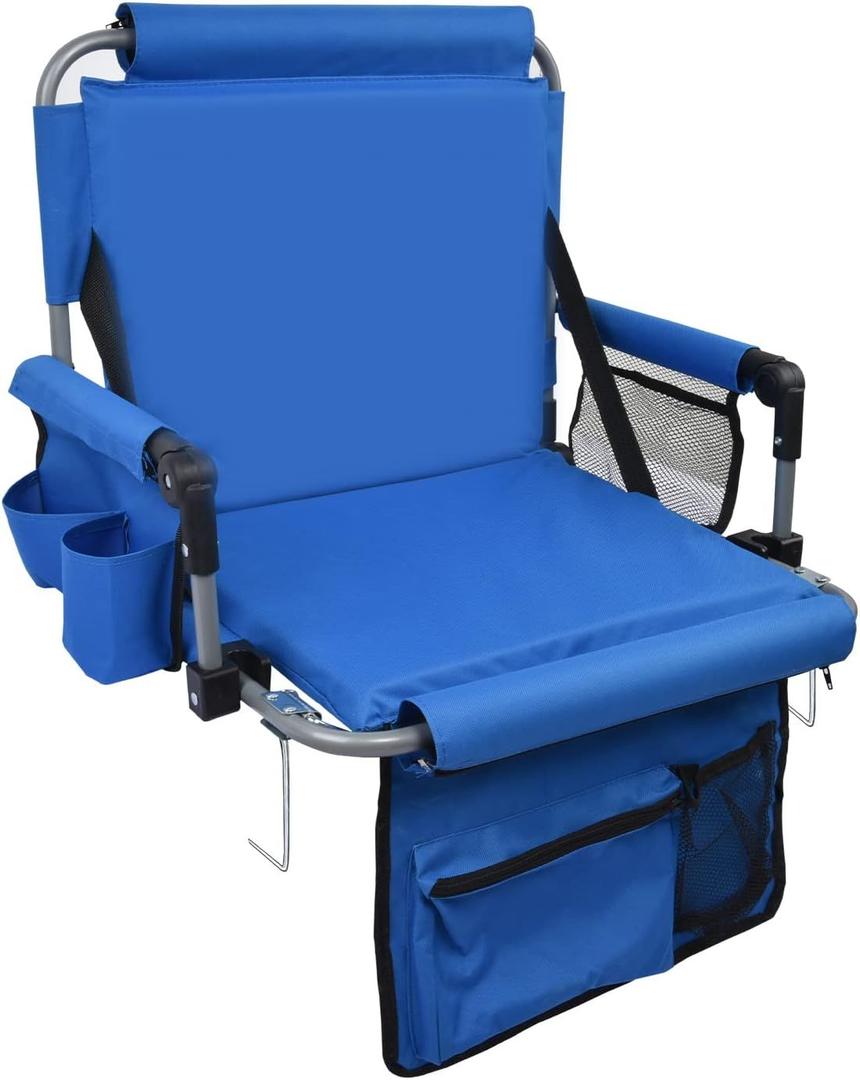 Stadium Seat with Back Support, Bleach Seat with Backrest and Cushion, Stadium Chair with Cup Holders, Mesh Bag and Hidden Hook for Basketball and Soccer Bench (Blue)
