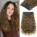REECHO Curly Hair Extensions - 4PCS 18" GoGo Curly Clip in Hair Extensions 100% Super Protein Hairpieces with Invisible Lace Weft Silky Soft Natural Look for Women - Light Golden Brown with Light Ends