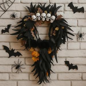 Halloween Wreath for Front Door 24 Inch Large Artificial Skulls Black Artificial Roses, Skeleton, Maple Leaves Outdoor Wreath Decor, Scary Creepy Halloween Decorations for Front Door and Wall