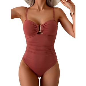Eomenie One Piece Swimsuit for Women Tummy Control Ruched Bathing Suit Cutout U Wire Swim Suits (Large, Brick Red)