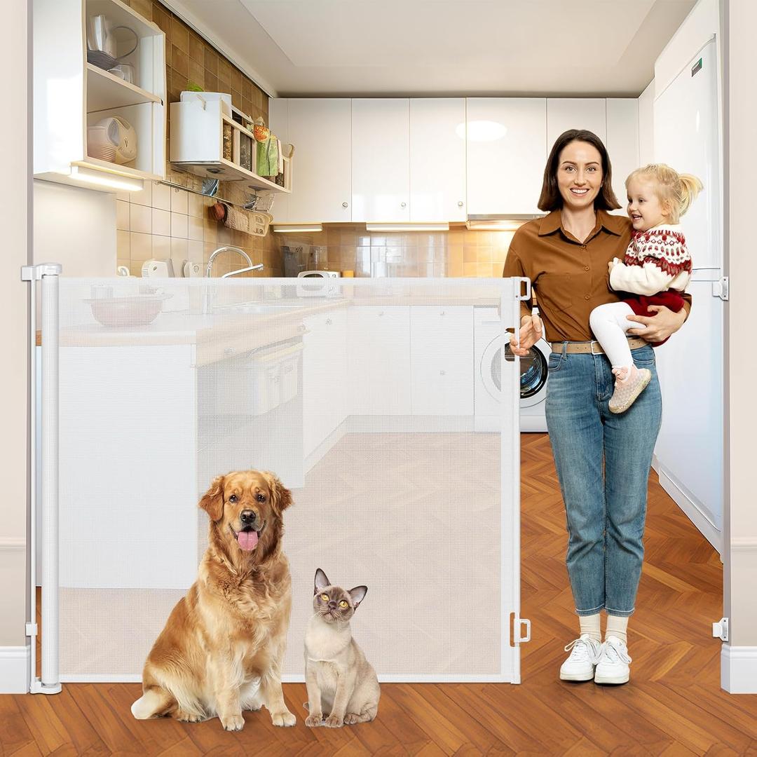 48" Extra Tall X 115" Wide Baby Gates for Doorways Extra Wide Dog Gates Indoor Scratch-Resistant 4ft Tall Pet Gate Indoor Mesh Dog Gate Outdoor Porch Prevent Kids/Pets from Jumping Over, White