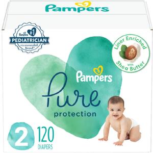 Pampers Baby Diapers - Pure Protection - Size 2, 120 Count, for up to 100% Leakproof, Premium Plant-based Skin Protection