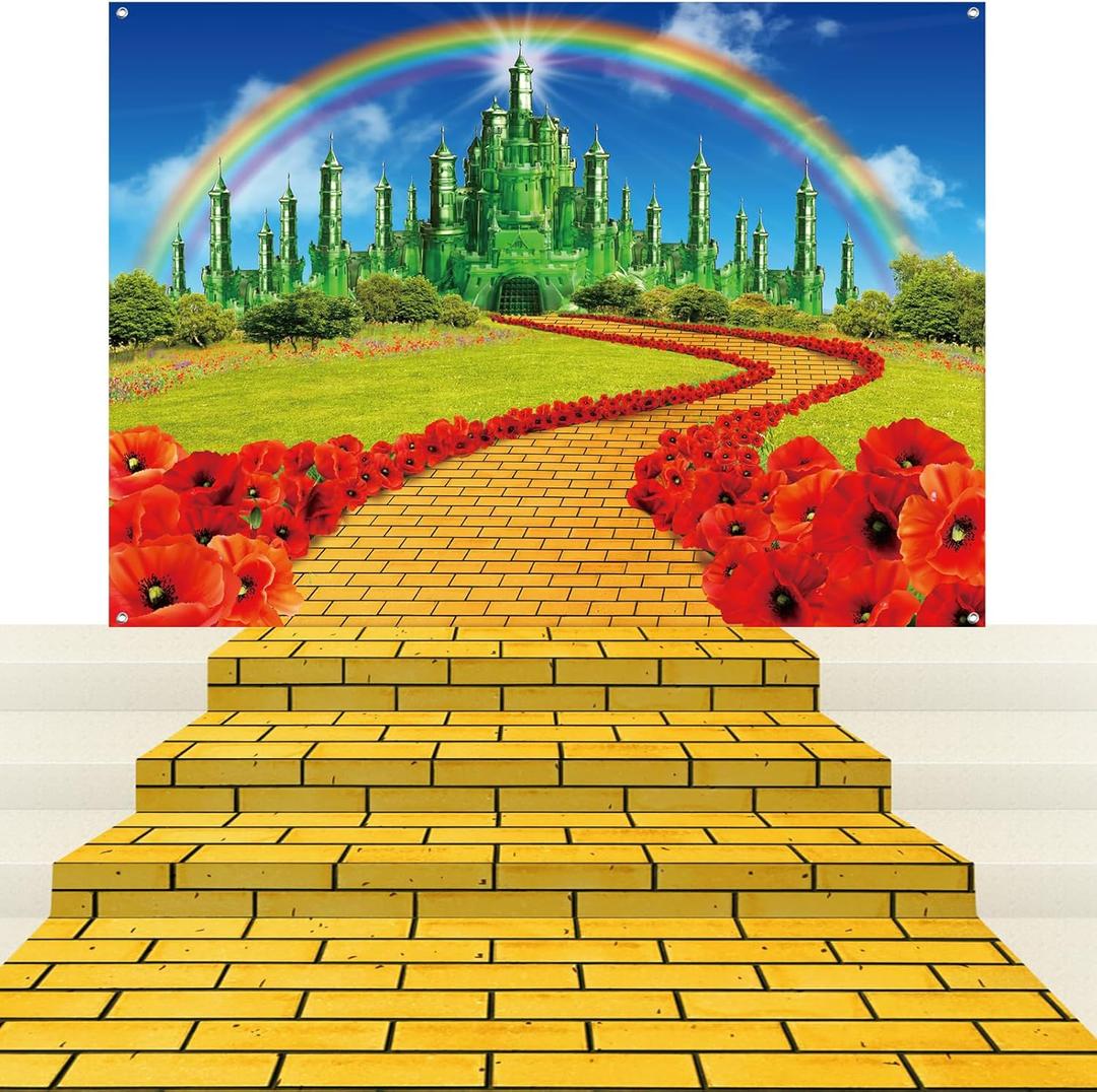 4Pack Yellow Brick Road Runner and Emerald Castle Backdrop for Wizard Party Decorations,Yellow Brick Stone Road Leading Emerald Castle Rainbow Background for Photography Halloween Princess Party Decor