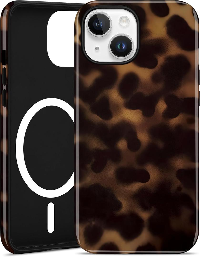 Jusy Compatible with MagSafe Brown Tortoise Shell Print Phone Case for iPhone 14 Plus, Amber Trendy Luxury Magnetic Soft TPU and Hard PC Protective Phone Cover for Women Girls - Tortoise Shell
