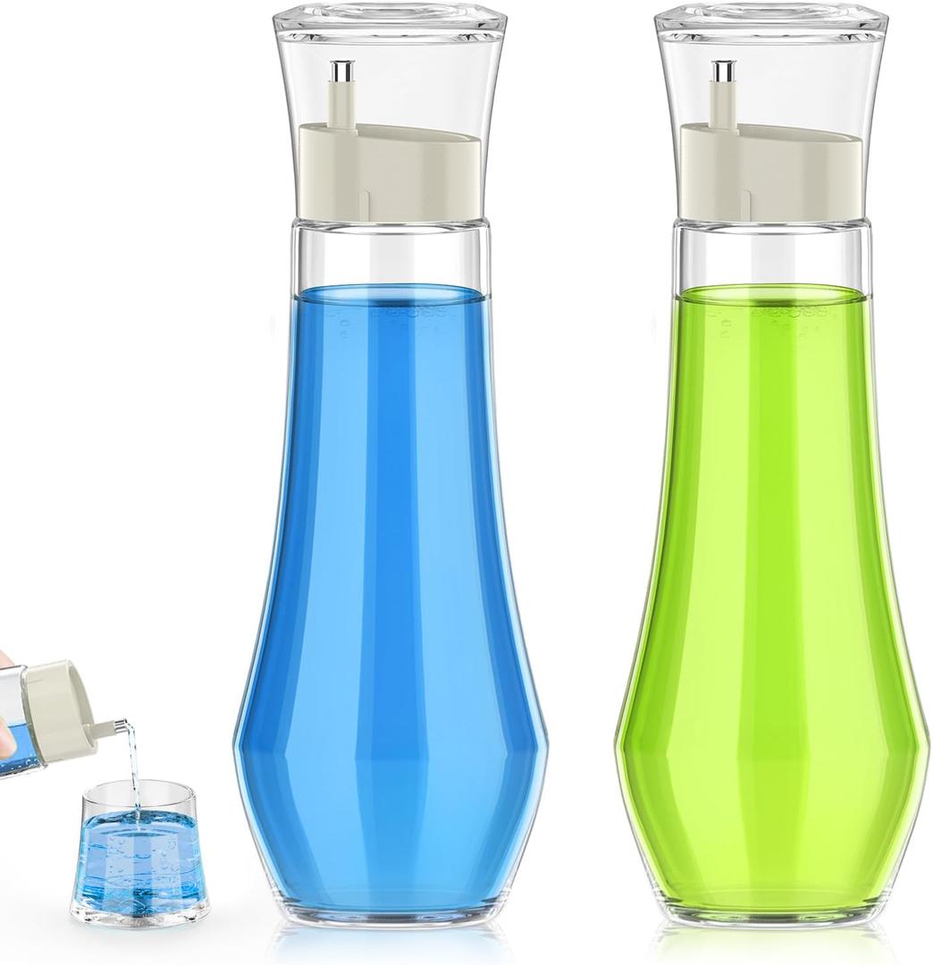 BTIFU Glass Mouthwash Dispenser for Bathroom, 8.8oz Refillable Mouth Wash Container Bottle with Lid Cup, Small Clear Mouthwash Dispensers Decanter for Countertop, Set of 2