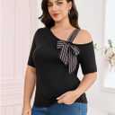 COZYEASE Women's Plus Size Striped Bowknot Cold Shoulder Tee Tops Half Sleeve Slim Fit Casual T Shirt (Black, XXL)