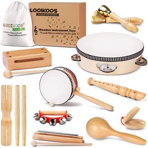 LOOIKOOS Toddler Musical Instruments, Eco Friendly Music Set for Kids Preschool Educational, Natural Wooden Percussion Instruments Musical Toys for Boys and Girls with Storage Bag (12)
