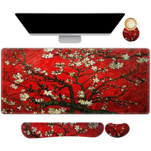 ARTSO Large Gaming Mouse Pad, Keyboard Wrist Rest Pad & Wrist Support Mousepad Set, Stitched Edge, Extended, Non-Slip Base, Memory Foam Desk Mat 4pcs for Office & Home, Red Van Gogh Painting