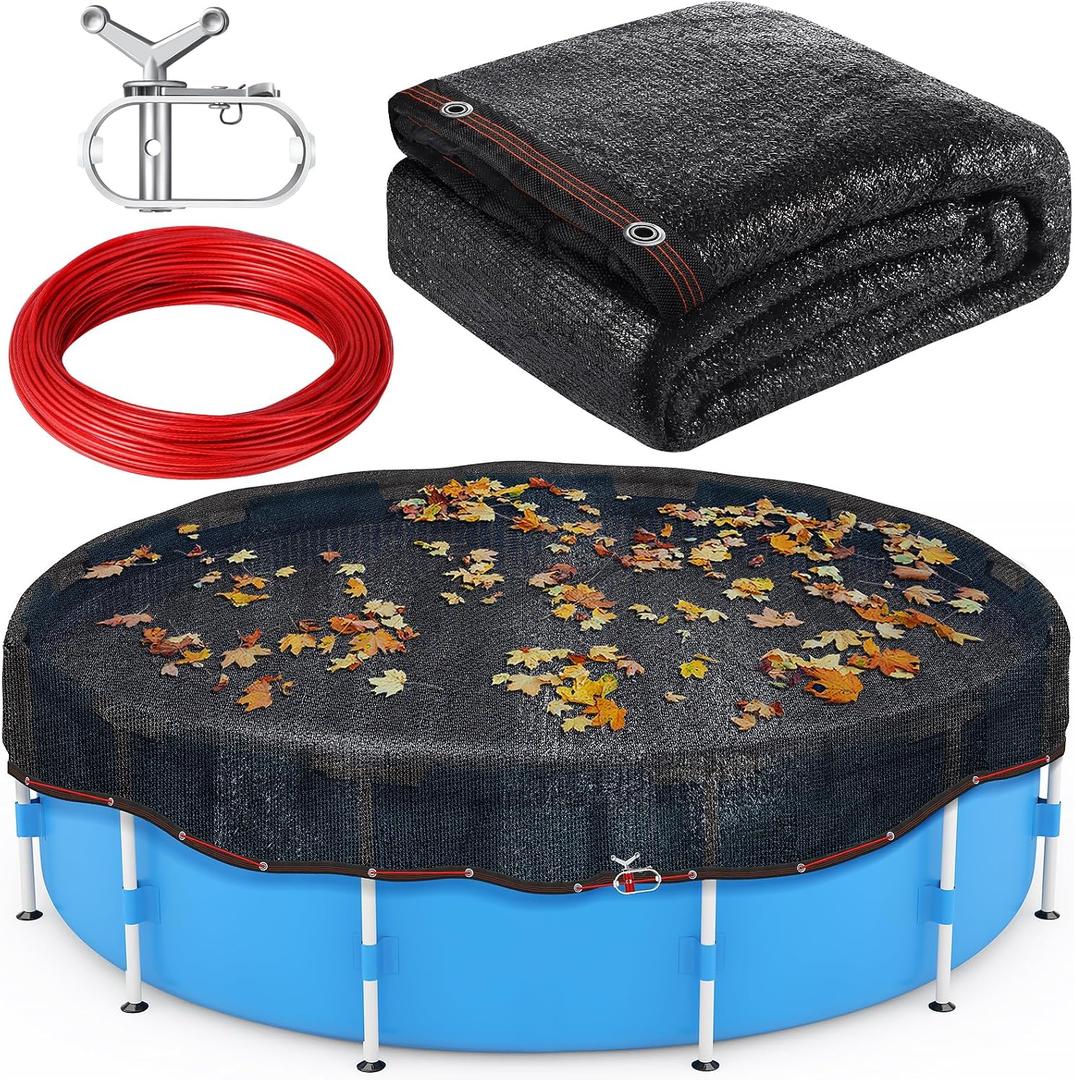 27.8 Ft Round Leaf Cover for Above Ground Pool, Durable Black Safety Screen Mesh Tarp Cover with Winch & Cable with Winch & Cable for Leaves and Debris for 24 Ft Round Pools, 27'11"