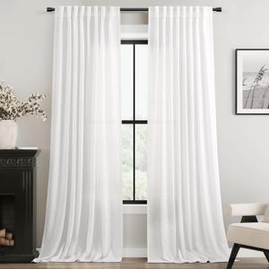 White Curtains 96 inches Long 2 Panels Back Tab Light Filtering Cotton Textured Curtain Modern Farmhouse Coastal Decor Off White Linen Drapes 96 inch Length for Patio Sliding Door Office 60x96