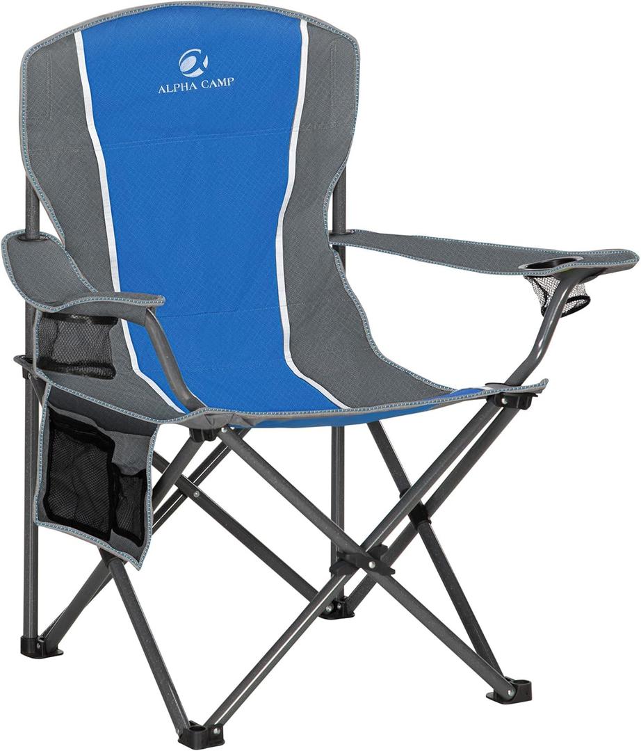 ALPHA CAMP Oversized Camping Folding Chair - Heavy Duty Steel Frame Support 350 LBS, Collapsible Padded Arm With Cup Holder, Quad Lumbar Back, Portable for Outdoor/Indoor (Blue/Gray)