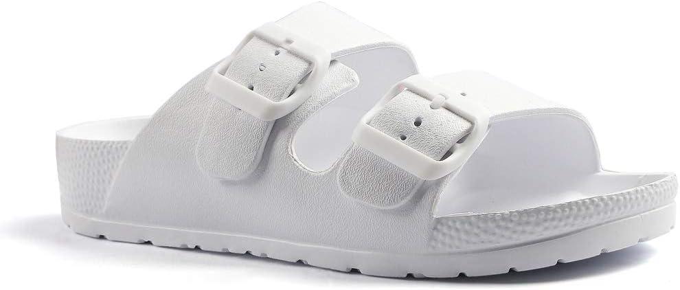Qtdstz Women's Comfort Slides Double Buckle Adjustable EVA Flat Sandals (9, White)