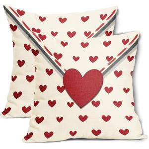 Valentines Day Pillow Covers 18x18 Inch Set of 2 Red Heart Beige Envelope Cotton Linen Decorative Throw Pillow Case Holiday Print Cushion Covers for Bedroom Sofa Living Room Chair Home Decor
