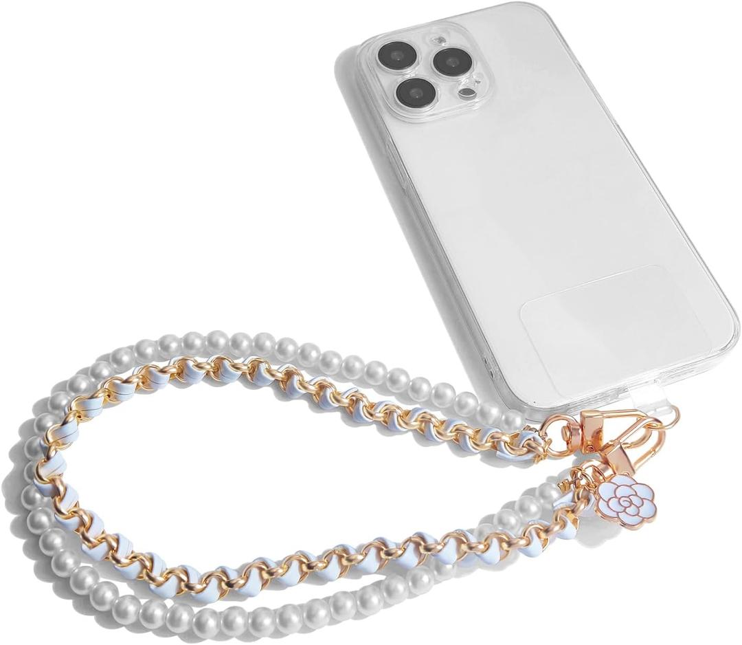 AGEN KGEN Phone Charm Anti Lost Phone Wrist Strap Pearl Beaded Phone Chain Double Chains Hand Wrist Phone Straps for Keychain Phone Wallet Camera