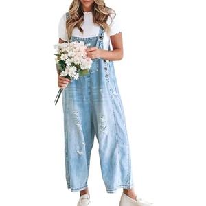Gihuo Denim Overalls for Women Jean Bib Overalls Wide Leg Loose Fit Barrel Baggy Distressed Adjustable Straps. Size XL.