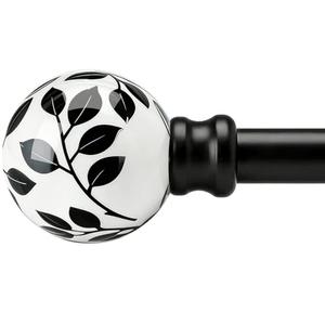 Ceramic Black Curtain Rods for Windows 28 to 48 Inches Adjustable Length Heavy Duty 1" Diameter Window Curtain Rod with Modern Leaf Pattern Decorative Finials for Bedroom Kitchen Living Room