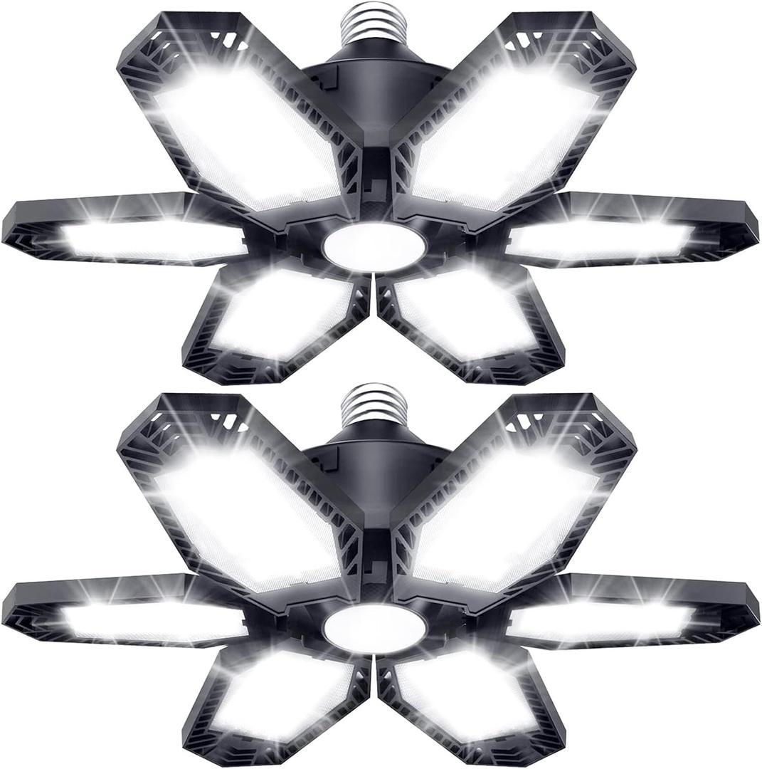 TANBABY 2 Pack LED Garage Lights, 150W Deformable Garage Light Bulb, Total 30000LM 6500K Daylight, 6+1 Adjustable Panels, E26/E27 Screw-in Ceiling Light for Basement, Gift for Men