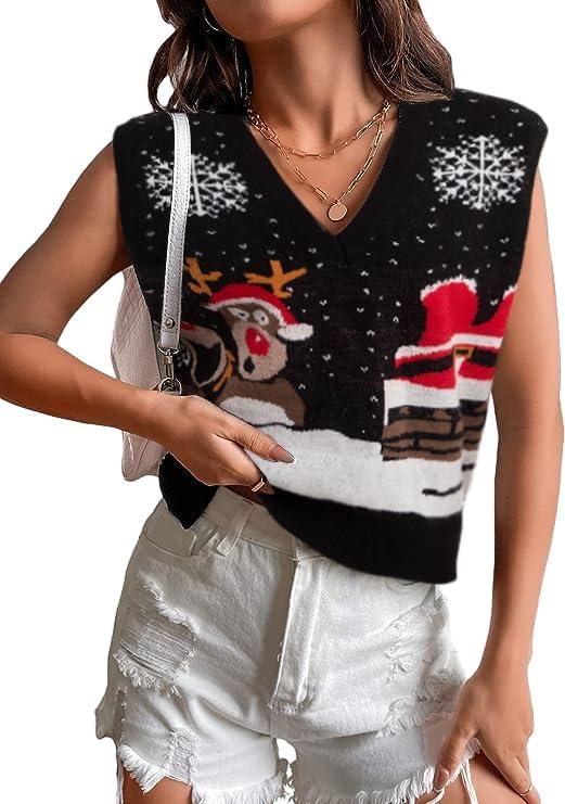 JULYCLO Christmas Sweater Vest Women Ugly Xmas Reindeer Knit Sweaters Casual Santa Snowflake V Neck Sleeveless Outwear Tops (Black) XL