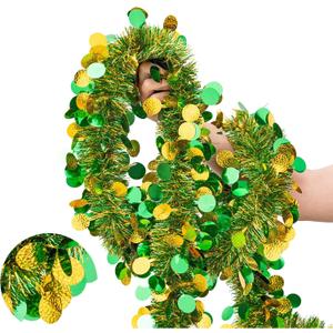 33FT St. Patrick's Day Tinsel Garland, Green Gold Metallic Twist Foil Tinsel Garland with Shiny Lucky Coin Ornament Hanging Garland for St. Patrick's Day Birthday Party Indoor Outdoor Decoration