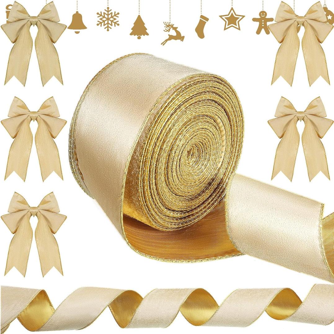 Syhood Christmas Wired Velvet Ribbon with Gold Edge Waterproof Velvet Decoration Ribbon Wrapping for Xmas Wreath Bows Floral Craft Ornaments(2.5 Inch X 20 Yard,Gold)