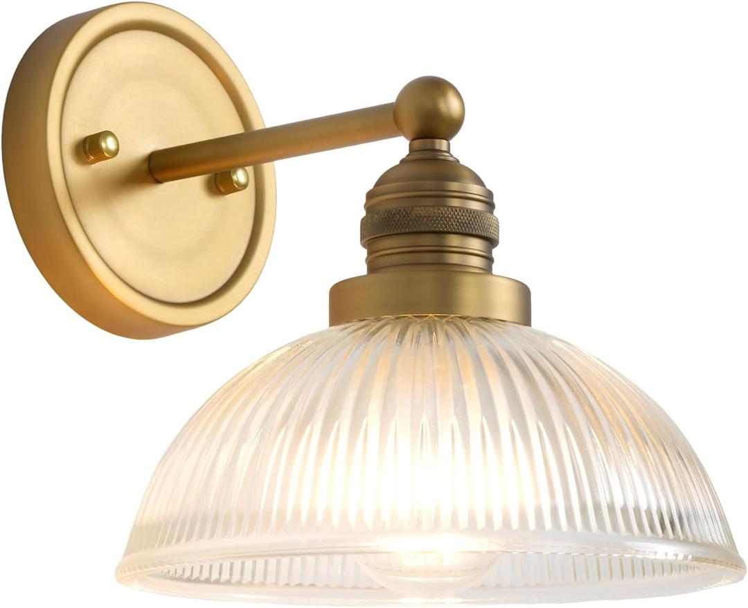 Gold Wall Sconce, Vintage Bathroom Vanity Light with Clear Glass Brass Bathroom Sconces Wall Lighting for Living Room Bedroom Hallway Stairway E26 Hardwire Indoor (dome)