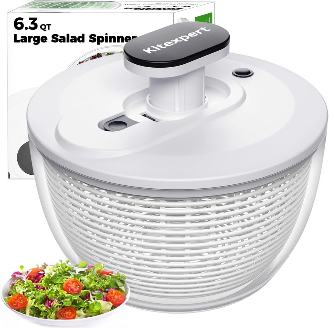 Kitexpert Effective Large Salad Spinner 6.3 Qt,Easy to use pro Pump Spinner with Bowl, One-Handed Pump Dishwasher Safe Multiple Use Spinner-Black (Black/White)