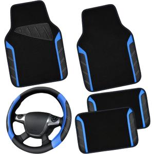 CAR PASS Leather Steering Wheel Cover and Waterproof Car Floor Mats,Microfiber Universal Car Combo Fit for 95% Sedan,SUV,Cars,14.5-15inch Sporty Anti-Slip Safety Comfortable Design(BlackBlue)