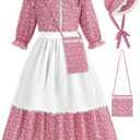 Girls Pioneer Costume Floral Colonial Prairie Dress for Little Kids with Apron and Bonnet (10-12/150, Pink)