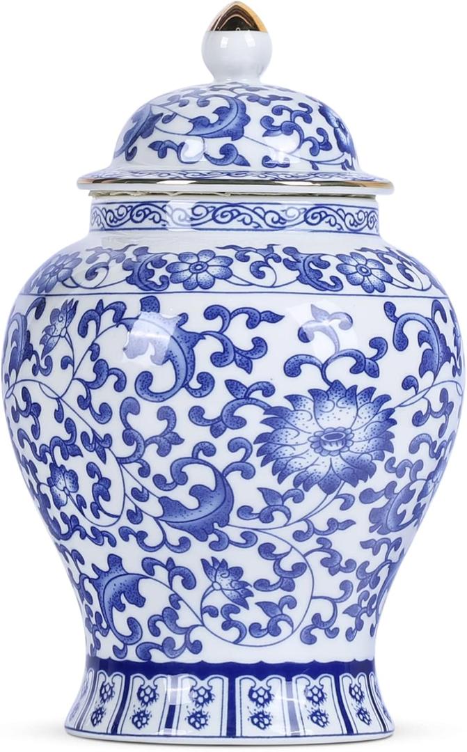 Chinese Ginger Jar with Lid Chinoiserie Antique Style,Home Decorative Retro Blue and White Porcelain Flowers Ceramic Covered Jar Vase,Traditional China Ming and Qing Style (Branches Jar)