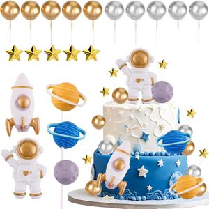 Space Theme Cake Topper 20Pcs Outer Space Cake Decoration Astronaut Figurine Rocket Balls and Stars Spaceman Figures for Two The Moon First Trip Around the Sun Birthday Baby Shower