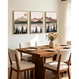 KUVIOKE Watercolor Mountain Landscape Framed Wall Art Laker Tree Boho Nature Artwork Painting Bohemain Farmhouse Rustic Home Decor 16x24in (Natural Framed), 16 x 24in x 3 Panels Natural