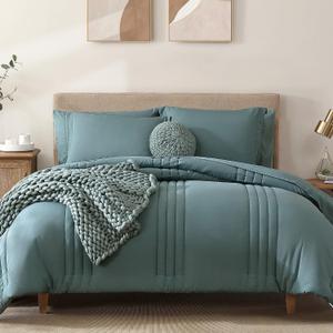 Monbix King Size Comforter Set - 7 Pieces Bed in a Bag King, Blue Green Bedding Sets with Comforter, All Seasons Comforter Bed Set with Sheets, Pillowcases & Shams
