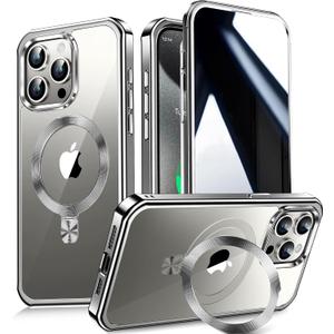 [CD Metal Ring Stand + Built-in Privacy Screen Protector] Magnetic Case for iPhone 15 Pro Max[Soft Bumper Full Signal][Compatible with MagSafe]9H Glass Full Body Shockproof Clear Case,Natural Titanium