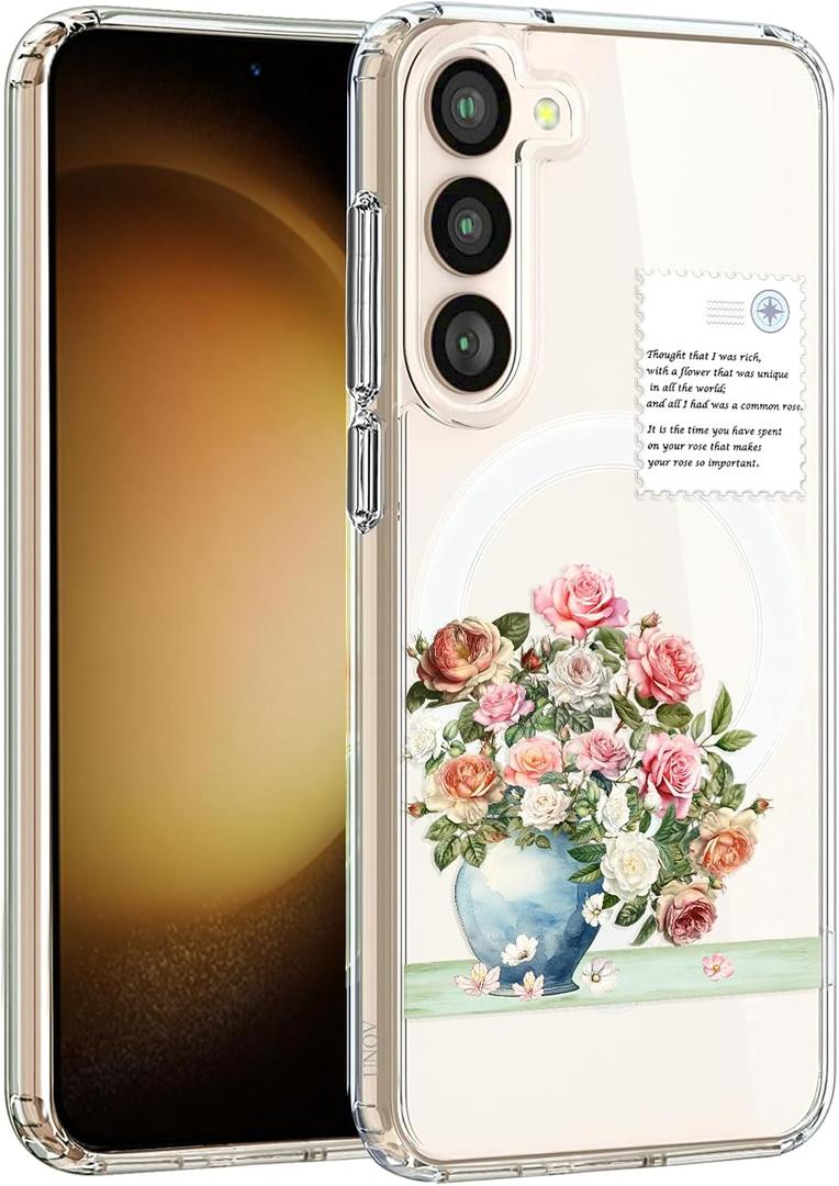 Unov Case Compatible with Galaxy S22 Case Magnetic Clear with Design Compatible with MagSafe Slim Protective Soft TPU Bumper with Hard PC Back Embossed Pattern (Rose Bouquet)
