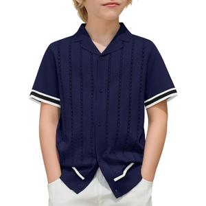 Arshiner Boys Knit Shirts Short Sleeve Button Down Shirt Vintage Fashion Casual Summer Beach Shirts for Kids 12-13 Years (Blue)
