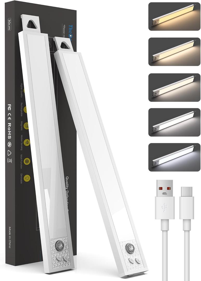 Under Cabinet Motion Sensor Lighting - 24 Inch Wireless Under Cabinet Lighting, Rechargeable with Magnetic Mount, 5CCT Adjustable for Kitchen/Hallway (White, 2-Pack)