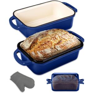 NutriChef 9x5" Enameled Cast Iron Loaf Pan with Lid, Enamel-Coated Baking Loaf Pan for Sourdough, Oven Safe, Nonstick Bread Pan with Silicon Gloves, Dishwasher Safe, Blue
