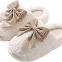 Plush Cute Bow Slippers for Women  Furry Comfy Indoor Outdoor Non-Slip House Slippers (White)