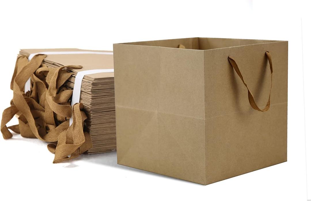 HUAPRINT Brown Paper Bags with Handles,Gift Bags Bulk 12 Pack,10x10x10inch Large Square Size,Paper Shopping Bags, Kraft, Party, Favor, Birthday,Goody, Take-Out, Merchandise, Retail Bags
