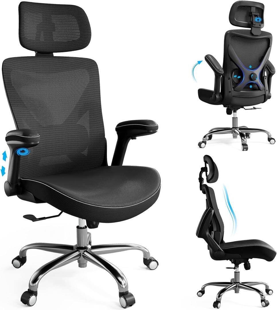Ergonomic Office Chair-Computer X-Shaped Chair Mesh PU Leather with Adjustable Lumbar Support-Executive Desk Chair High Back with Headrest Flip-Up Arms for Long Hours (Black)