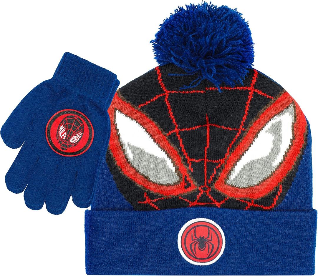 Marvel Spider-Man Kids Winter Hat and Snow Gloves for Boys and Toddlers, 2 Pc. Set, Pom-Pom Beanie with Warm Mittens (Black/Red/Blue)