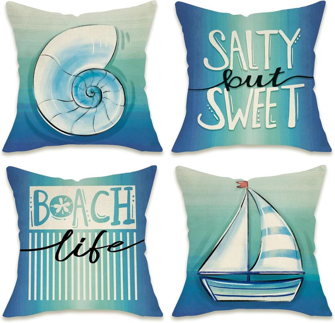 Fahrendom Summer Coastal Conch Decorative Throw Pillow Covers 18 x 18 Set of 4, Beach Life Salty But Sweet Porch Outdoor Pillowcase, Blue Nautical Sailboat Spring Seasonal Cushion Case Home Decor